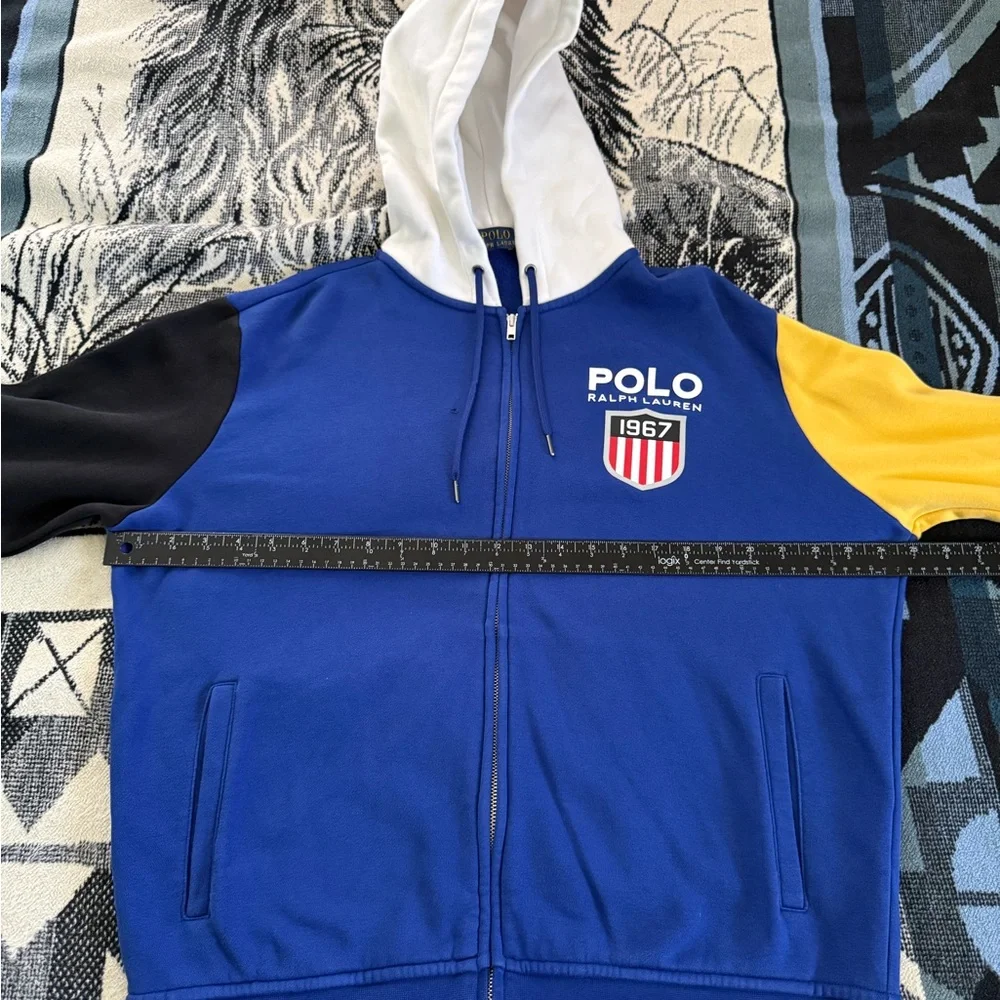 Polo Ralph Lauren Double Knit Blue White/Black/Yellow Colorblock Zip-Up Sweater